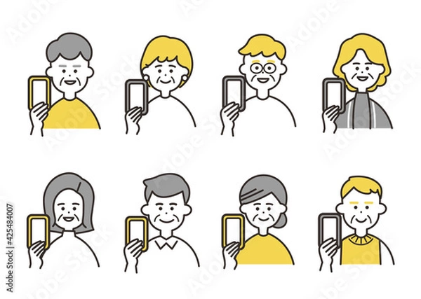 Fototapeta 高齢者　携帯　バストアップ　イエローカラーセット