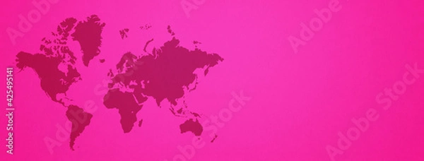 Fototapeta World map on pink wall background. Horizontal banner
