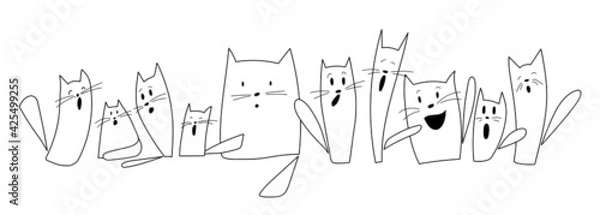 Fototapeta Simple vector drawing of ten funny screaming cats isolated on white background. Linear black and white drawing. Thin and fat, big and small, tall and short cats in chorus shout "Meow!"