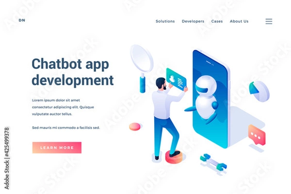 Obraz Chatbot app development. Isometric landing page template. Man set up chat bot application on smartphone. Artificial intelligence. Developer works on chatbot app. Programming concept. Vector web banner