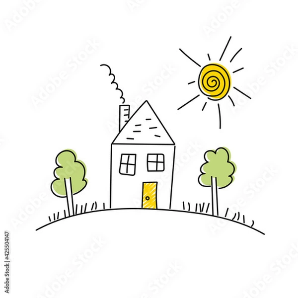 Fototapeta House, trees, sun, grass in hand drawn style. Vector illustration