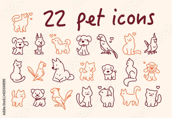 Fototapeta Collection of cute line art pet icons – cat, dog and parrot characters isolated on light background. Vector flat illustration. For shelter emblems, veterinary logo, children decor.