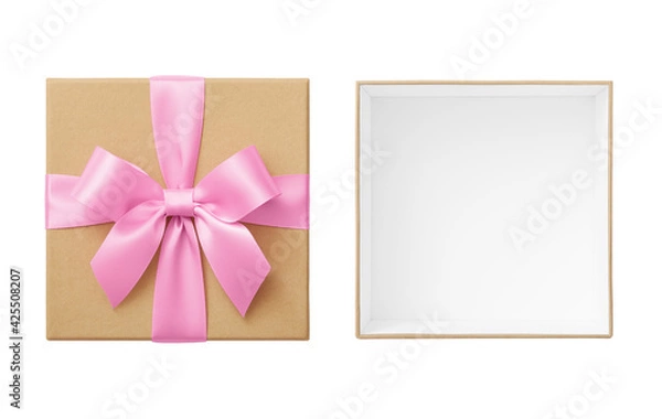 Obraz Open kraft gift box with lid and pink bow cut out on white background, present box top view