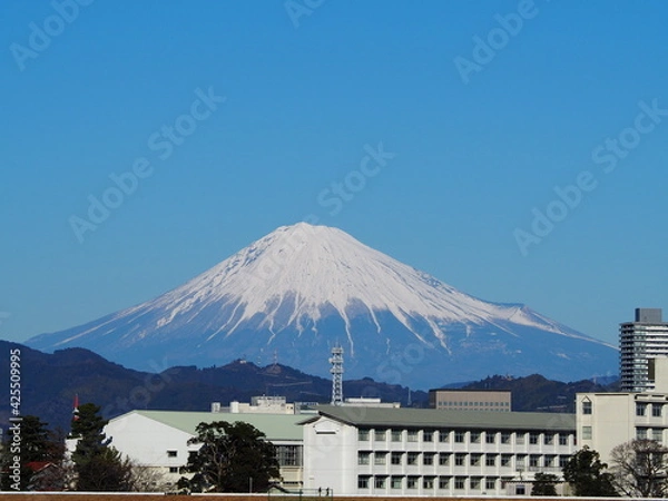 Obraz 川原から見る積雪の多い富士山