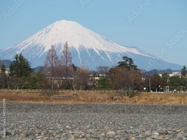 Obraz 川原から見る積雪の多い富士山