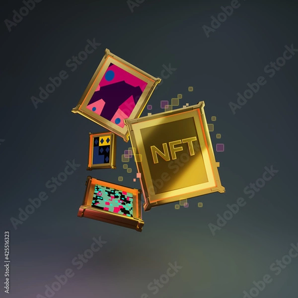 Fototapeta 3D rendering illustration of art piece transform to digital Golden coins NFT non-fungible tokens, concept art