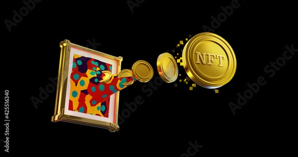Fototapeta 3D rendering illustration of art piece transform to digital Golden coins NFT non-fungible tokens, concept art