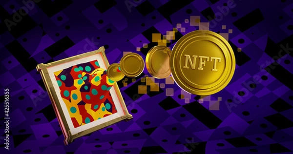Fototapeta 3D rendering illustration of art piece transform to digital Golden coins NFT non-fungible tokens, concept art