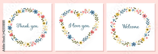 Fototapeta Set of floral frames. Circular frame with a floral pattern. Frame in the form of a heart.