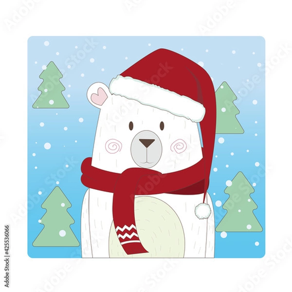 Fototapeta christmas illustration with a polar bear in a red scarf