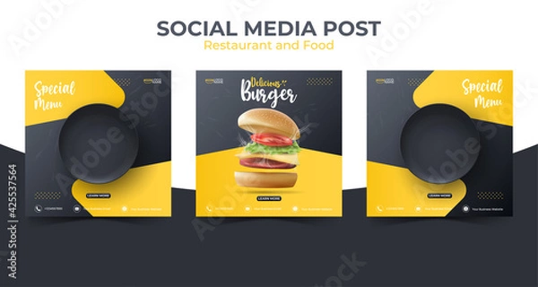Obraz Food or culinary social media marketing template. editable square social media post for promotion. illustration vector with realistic burger and black plate.