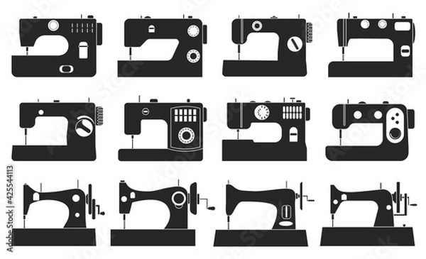 Fototapeta Sewing machine vector illustration on white background. Isolated black set icon tool for sew. Vector black set icon sewing machine.