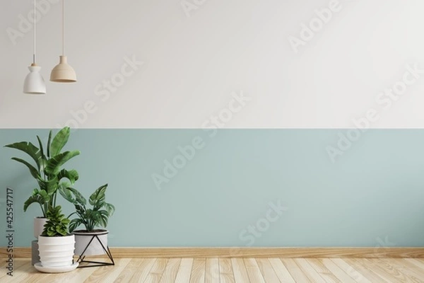 Obraz White and green wall empty room There is a hanging lamp on the side, there is a plant pot on the floor.3d rendering.