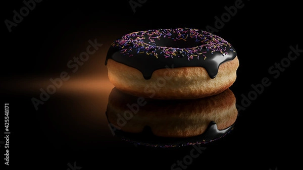 Obraz Donut with black icing on black background. CGI 3D render.