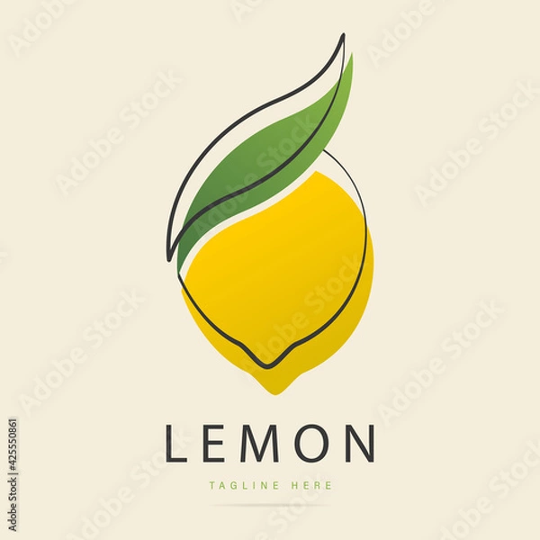 Obraz Abstract bright taste fruit citrus yellow lemon logo with green leaf sign.Design template fresh icon,juice concentrate symbol from curved lines.Print for pattern textile fabric.Vector illustration