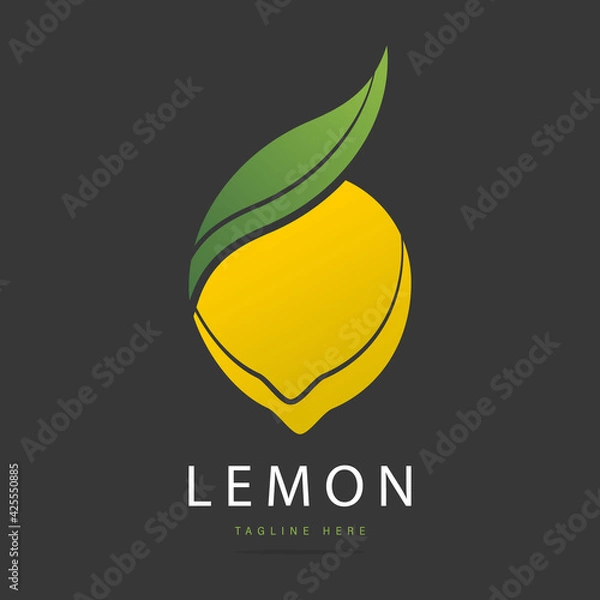 Obraz Abstract bright taste fruit citrus yellow lemon logo with green leaf sign.Design template fresh icon,juice concentrate symbol from curved lines.Print for pattern textile fabric.Vector illustration