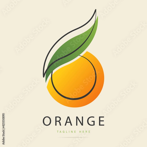 Obraz Abstract bright taste fruit citrus orange logo with green leaf sign.Design template fresh icon,juice concentrate symbol from curved lines.Print for pattern textile fabric.Vector isolated illustration