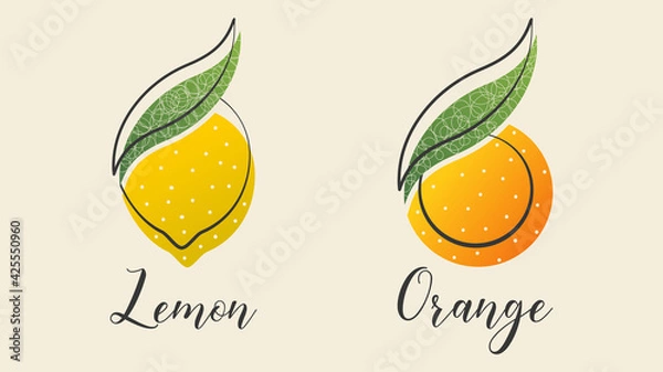 Obraz Abstract bright taste fruit citrus orange lemon logo with green leaf sign.Design template fresh icon,juice concentrate symbol from curved lines.Print for pattern textile fabric.Vector illustration