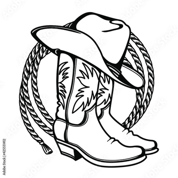 Fototapeta Cowboy boots and western hat. Vector graphic hand drawn illustration rodeo cowboy clothes isolated on white for print or design