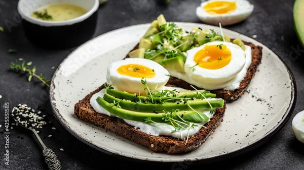 Obraz Rye toasts with soft cheese, avocado, hard-boiled eggs with olive oil and bread. healthy diet or vegetarian food, Food recipe background. Close up