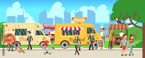Fototapeta Street food market. People walking city park, cartoon fast food trucks and tents. Man woman eating, skateboarding shopping drink coffee. Outdoor entertainment vector illustration