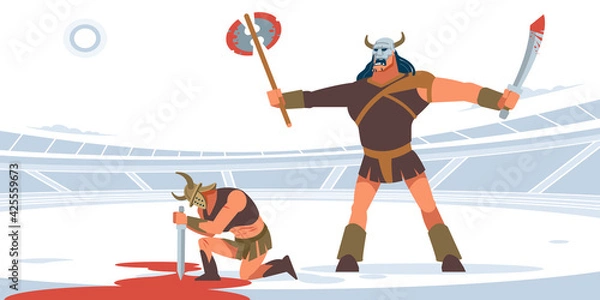 Fototapeta Gladiators fighting in the arena of the Colosseum. A muscular barbarian with a sword and an axe before executing a defeated Gladiator. Vector Flat cartoon style illustration.