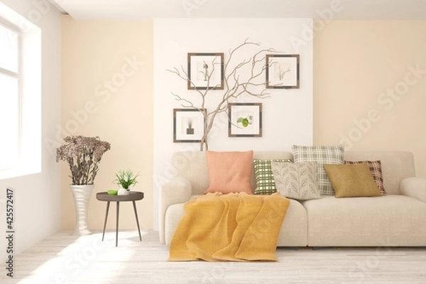 Fototapeta Soft color living room with sofa. Scandinavian interior design. 3D illustration