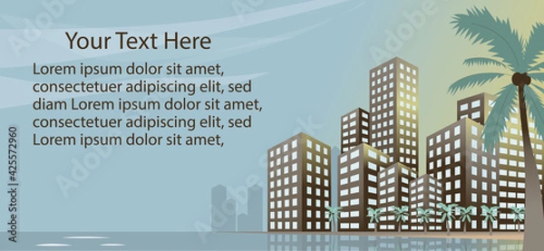 Fototapeta Summer beach concept downtown city with skyscrapers and palm trees banner or poster.