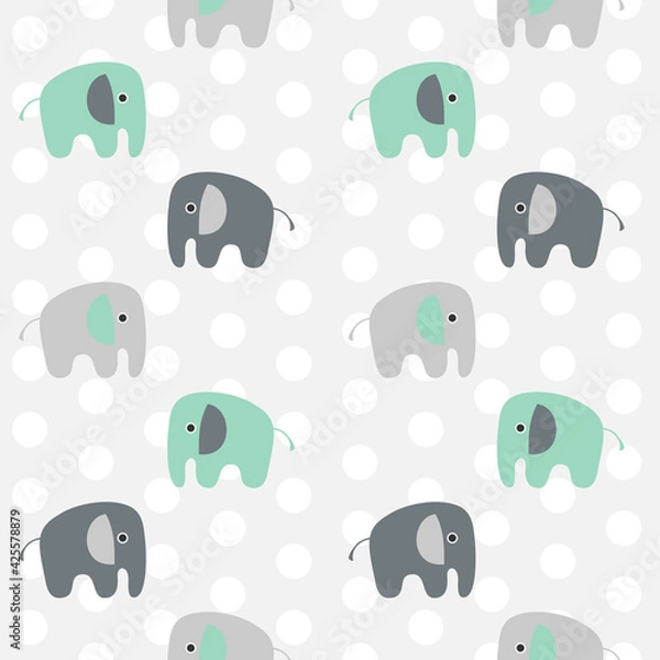 Fototapeta Cute seamless pattern in pastel colors with polka dot background and cartoon colorful elephants. Perfect for scrapbook, wrap, toy design, kids cloth, apparel. Vector