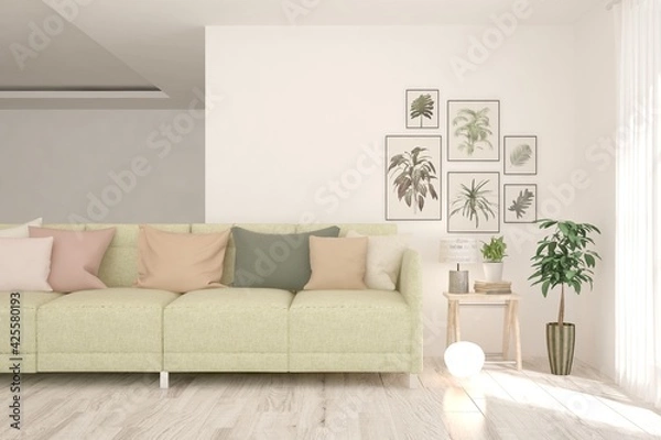 Fototapeta White living room with sofa. Scandinavian interior design. 3D illustration