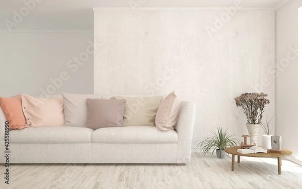 Fototapeta Soft color living room with sofa. Scandinavian interior design. 3D illustration