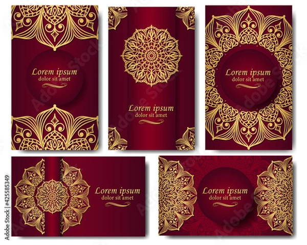 Obraz A set of five gorgeous mandala vector patterns. Golden ethnic ornament on burgundy background. Oriental pattern in postcards, labels, posters, invitations, packages. Luxury in your design