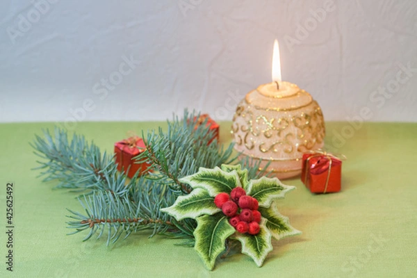 Obraz embroidered holly branch with candle