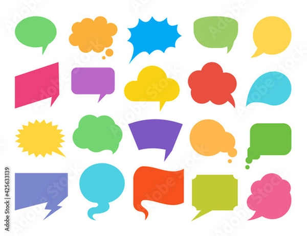 Obraz Colorful speech bubbles flat icon set. Empty design elements for comic book, text message, chat comment, idea thought, discussion. Speak balloon shapes, talk clouds, cartoon think banner, note label