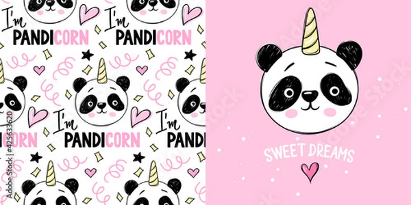 Fototapeta Vector illustration with cute pandicorns. Im Pandicorn and Sweet Dreams inscriptions