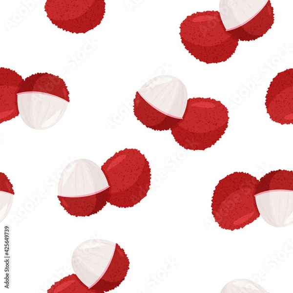 Fototapeta Tropical fruit lychee background. Fresh exotic berry vector seamless pattern.
