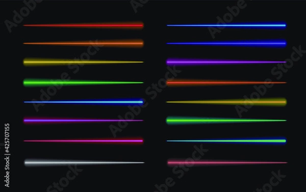 Fototapeta Vector Motion Lights, Abstract Glow in the Dark Lines, Rainbow Colors, Isolated on Black Background Set, Dynamic Lights.
