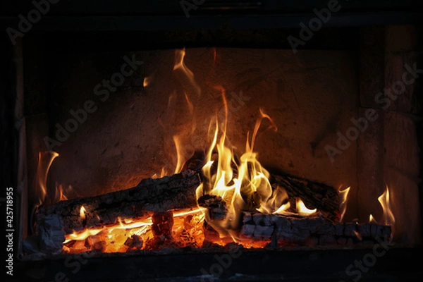 Fototapeta Close up of a burning fireplace at home