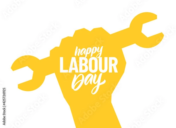Fototapeta Silhouette of clenched fist with wrench, Poster with hand lettering composition of Happy Labour Day 1st of May