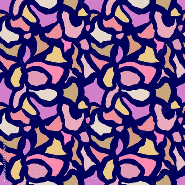 Fototapeta Seamless hand-drawn bright geometric patterns with jagged edges on a dark blue background. Colorful brush strokes, blots. For sportswear, textiles, kid's fabrics and accessories, home decor, printing