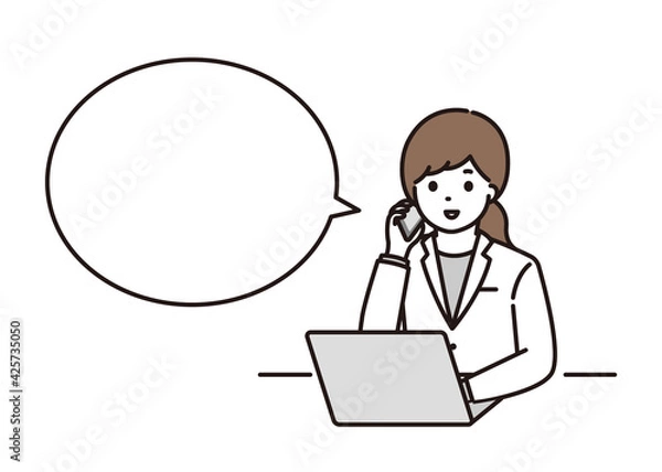 Obraz パソコンの前で電話をする女性薬剤師 吹き出し