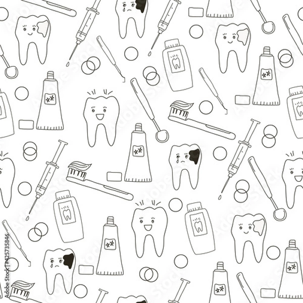 Fototapeta Seamless pattern with dental tools and teeth