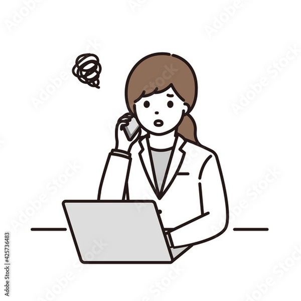 Obraz パソコンの前で電話をして困っている女性薬剤師