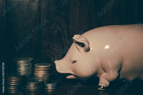 Fototapeta Gold coins stacks is representing riches and wealth management. Coin stack growing and find out the way to get a return on investment. Finance and money exchange investment as concept.
