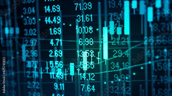 Fototapeta Financial data in term of a digital prices on LED display. A number of daily market price and quotation of prices chart to represent candle stick tracking in Forex trading.	
