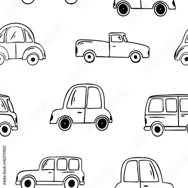 Obraz Machine black contour seamless pattern on white background for design vector illustration