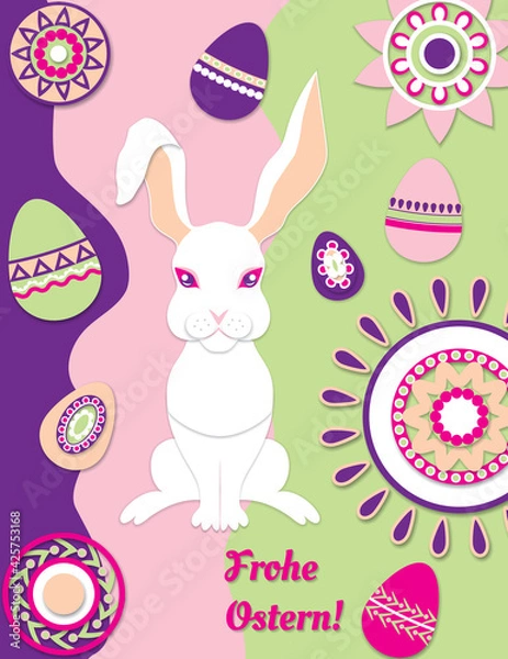 Fototapeta Easter card with a bunny and Easter eggs, with German text, translated as "Happy Easter"