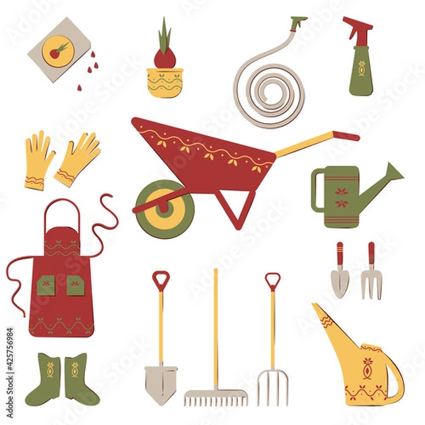 Fototapeta Set of tools for the garden. Watering can, apron, shovel, wheelbarrow, dig, gloves, boots, rake, watering hose.