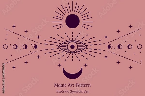 Fototapeta Esoteric symbol of opening of third eye of soul, Sun, stars, phases of Moon. Illustration of magic session, look into future, connection with  universe. Vector drawing for tarot cards, groups, webpage