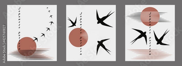 Fototapeta Trendy minimalistic Japanese style illustration set. Flock of swallows fly into bright sun, unity of water, air, nature. Vector illustration, birds hieroglyphs